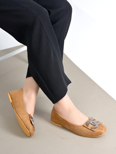 Image of Women's Suede Ballet Flats with Decorative Buckle - Slip-On Casual Bellies