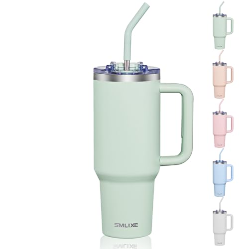 COKTIK 40 oz Tumbler With Handle and Straw Lid, Vacuum Insulated Travel Coffee Mug Stainless Steel Insulated Cup for Beverages, Leak-proof, Cupholder Friendly (Seafoam)