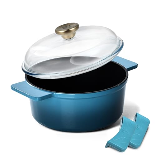 Image of Bergner Excalibur Lightweight Cast Iron Dutch Oven /Biryani Pot /Casserole with Glass Lid, 20cm (2.3L), Non-Stick Coating, PFAS Free, Elegant Design, Silicone Grips, Induction and Gas Stove Ready (Blue)