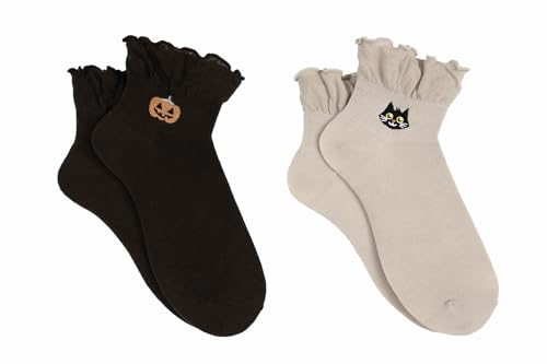 Sock House Co. Halloween Anklet Socks (2 Pair) - Pumpkin, Cat - Fits Ladies Shoe Size 4-10