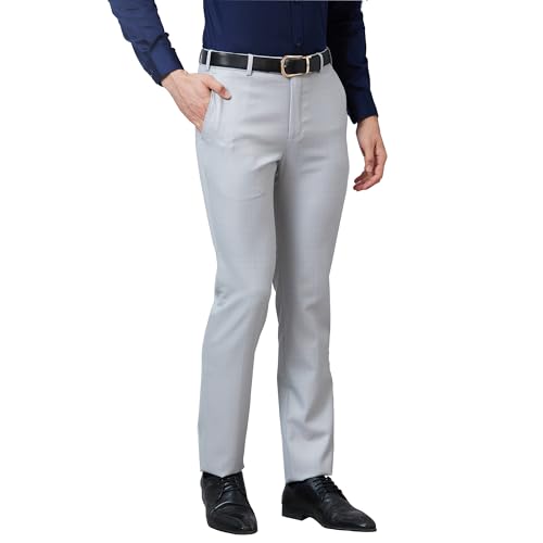 Image of Raymond Men's Slim Fit Mid Rise Structure Pattern Poly Viscose Blend Pleatless Formal Trouser