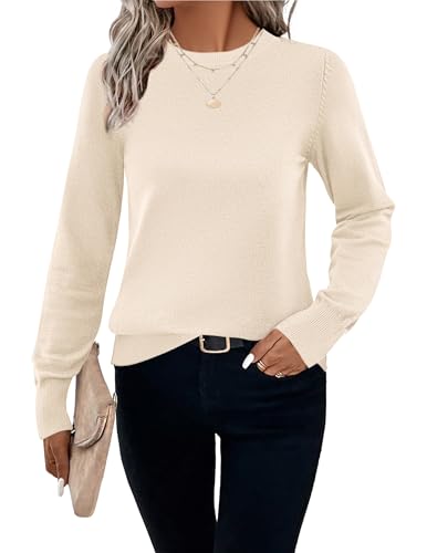 Hotouch Strickpullover Damen Herbst Langarm Pullover Casual Einfarbig Pulli Rundhals Winter Gestrickt Oberteile Beige M