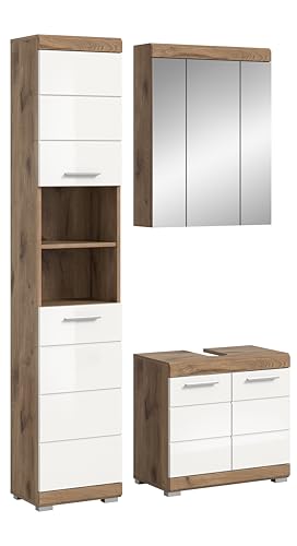 xonox.home Badezimmer Wave 3tlg. Kombination Badmöbel Set kleine Bäder Komplettprogramm Bademöbel-Set in weiß Hochglanz Tiefziehfront, Nox Oak Nb.Hochschrank Waschbeckenunterschrank Spiegelschrank