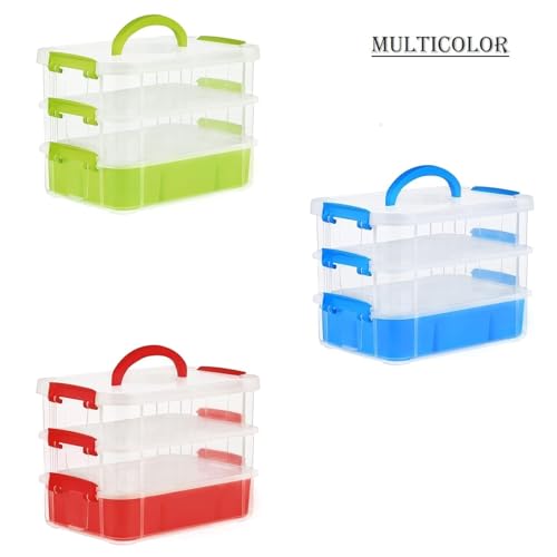 Image of PAXCOO 3 Layer Stack & Carry Box, Plastic Multipurpose Portable Storage Container Box Handled Organizer Storage Box with Removable Tray for Organizing Sewing, Art Craft, Supplies (Multicolor)
