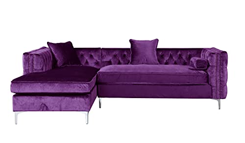 Iconic Home Da Vinci Velvet Modern Contemporary Button Tufted With Silver Nailhead Trim Silvertone Metal Y-Leg Left Facing Sectional Sofa, Purple #TOP2