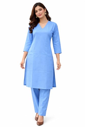 Image of JAIPUR HAND BLOCK Women's Cotton plain Straight Salwar Suit | V-Neck | 3 /4th Sleeve | Regular Fit | Daily, Office & Ethnic Wear(ST00125-V-NEW)