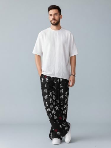 Image of Mens Boho Hippie Harem Pants | Black Printed Wide-Leg Trousers | Koren Streetwear Loose Baggy Fit Summer Lounge Yoga Lowers |Trouser Relaxed Fit for Men | Men Drawstring Pants