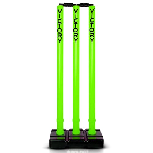 Image of Victory Cricket Stumps with Stand Cricket Kit Plastic Wickets for Cricket Standard Size Wickets for Cricket Ground, Match, Tournament Stump with Stand & Bails (Green)