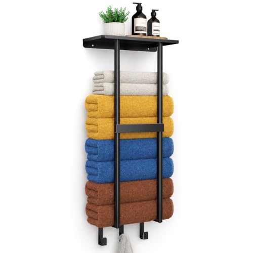 Kitsure Wall Mounted Towel Rack, Metal Towel Holder with Shelf, 29.3″ H | Bathroom, Rolled Towels & Bath Essentials, Rust-Resistant, Storage Organizer, 5.8″ D × 12.7″ W, Black