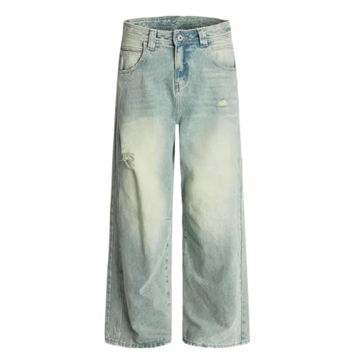 Men Baggy Jeans Washed Distressed Vintage Streetwear Loose Trousers Wide Leg Denim Pants