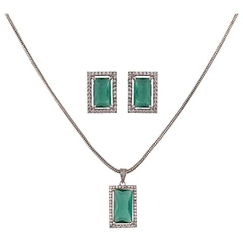 Ratnavali Jewels American Diamond Silver Plated Chain with Rectangle Green Stone Pendant with Earrings for Women/s Cover
