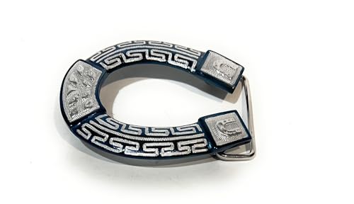 CHARRO SADDLE HORSE SHOE BLUE BELT BUCKLE. HEBILLA CHARRA HERRADURA. WESTERN COWBOY BELT BUCKLE