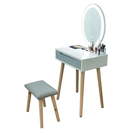 ARTETHYS Schminktisch mit Hocker, Frisiertisch mit Spiegel, 3 Färben LED-Beleuchtung, Kosmetiktisch mit 2 Schubladen und einem Aufbewahrungsbox für Make-up Mädchen Schlafzimmer Badezimmer Wohnzimmer Cover