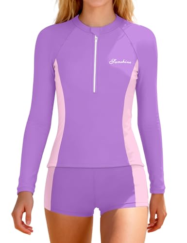 Opiniones de Trajes de dos piezas para Niña los más solicitados. 45 Traje de baño de dos piezas para niñas con bloque de color, de manga larga, UPF50 + protección solar, trajes de baño de 7 a 14 años, Púrpura, 15-16 años