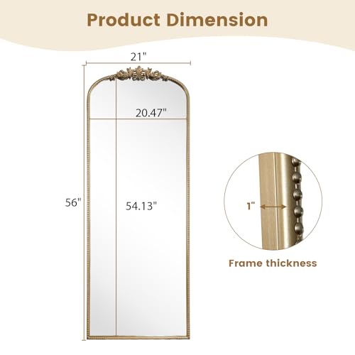 Image of WallBeyond Arched Full Length Mirror Wall Mounted, 21x56 Inch Gold Antique Mirror, Vintage Metal Frame Full Body Mirro for Bedroom, Living Room, Hanging or Leaning
