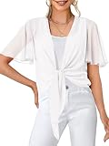 MEROKEETY Women's Summer Lightweight Sheer Shrugs Tie Front Chiffon Cardigan Cover Up Shawls for Evening Dresses, White, L