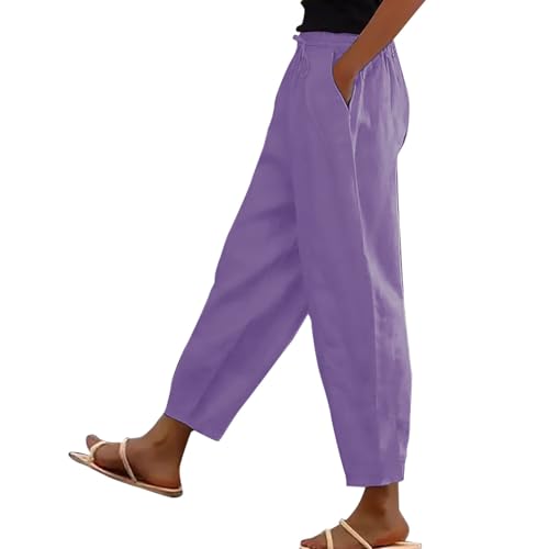 duaicnvow Pantalones de lino de pierna recta para mujer, color liso, cintura elástica, cintura ancha, cordón de ajuste, casual, color sólido, pantalones de trabajo, salir, playa, Morado (, XXL