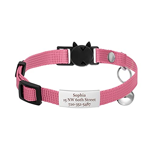 Jiquan Personalized Cat Collars,Breakaway Adjustable Kitten Collars with Name Tag,Cat ID Collar Engraved Pet Name Phone,Safety Collars with Bell,7 Colors,Up to 3 Lines of Custom Text(S Pink)
