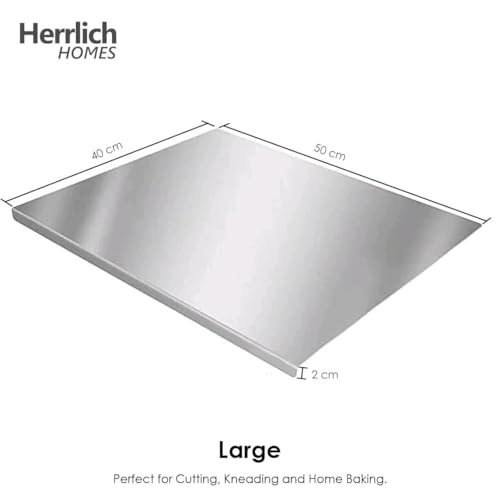 Image of Herrlich Homes Premium 304 Stainless Steel Chopping Board with Lip for Kitchen | 50 x 40cm | Free Rollin Pin | for Cutting Vegetables, Fruits, Meat | Doughknead Board | Durable | Large