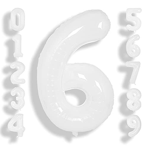 Image of SUWEN 40 Inch White Large 6 Balloon Number Big Foil Helium Numbers 0-9 | Giant Jumbo Happy 6th Birthday Party Decorations for Men or Women Huge Mylar Anniversary Party Supplies