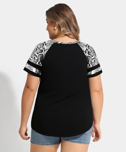 Image of CARCOS Plus Size Tops for Women Short Sleeve Summer Pullover Color Block Crewneck /V Neck Tee Tunic Loose Fit Tshirts XL-5XL