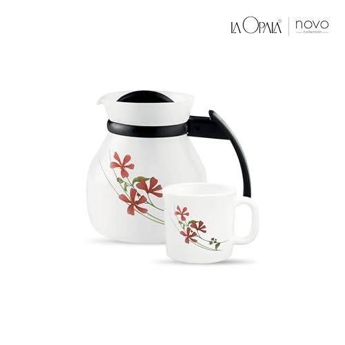 Image of La Opala Novo Collection Opal Glass Crockery | Coffee Set 7 pcs | Coffee Mug with Coffee Pot, Coral Charm | for Tea & Coffee | Microwave Safe | 100% Vegetarian | Extra Strong | Light & White