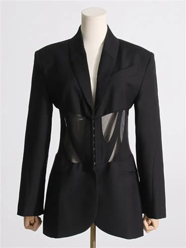 Women's Patchwork Transparent Mesh Blazer Notch Collar Long Sleeve Contrast Slim Fit Jacket4