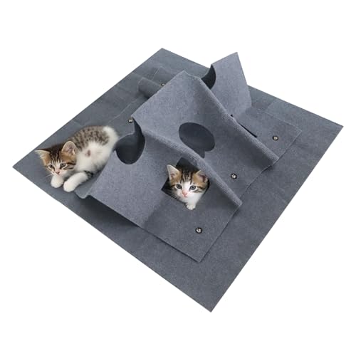 Buwico Premium Katzenteppich mit integriertem Tunnel, Interaktives Katzenspielzeug und Beschäftigungsset, 100x100cm Intelligenzspielzeug für Katzen, Trainingsmatte für Großkatzen & Kätzchen (Grey)
