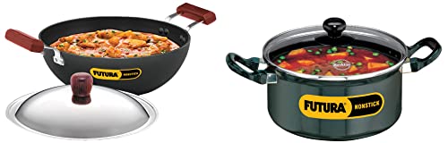Image of Hawkins Futura Aluminium Nonstick Induction Flat Bottom Kadhai with Stainless Steel Lid (3.5 L) & Nonstick Cook-n-Serve Stewpot with Glass Lid, 3 Litre, 20 cm, 3.25 mm
