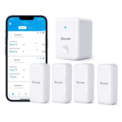 Govee 4 Pack H5100 Mini Hygrometer Thermometer Bundle with Govee New WiFi Digital Hygrometer Thermometer, Indoor Outdoor Smart Gateway Room Temperature Humidity Sensor Govee 4 Pack H5100 Mini Hygrometer Thermometer Bundle with Govee New WiFi Digital Hygrometer Thermometer, Indoor Outdoor Smart Gateway Room Temperature Humidity Sensor
