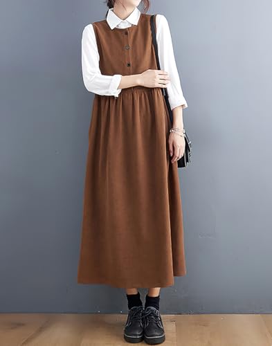 chouyatou Women's Cute Sleeveless Corduroy Overall Dress Jumper Midi Babydoll Tank Dress with Pockets3