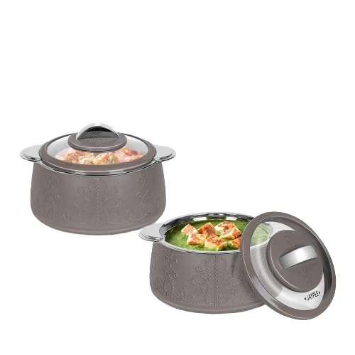 Jaypee Fabrene Serving Twin Set Casserole PUF Insulated |Inner Stainless Steel |Anti Lock Lid Toughened Glass | Hot Box for Serve Chapatti, Dishes, 1000+1000 ml, Beige