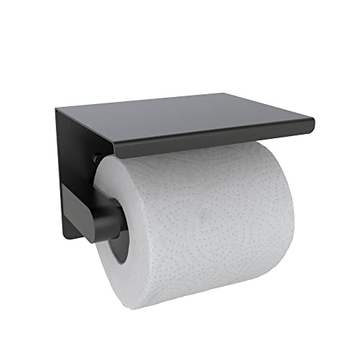 Toilettenpapierhalter mit 14cm Ablage Ohne Bohren, Edelstahl Klorollenhalter Wandmontage, Schwarz Cover