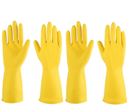 Guantes de goma 4 pares para lavavajillas de cocina, guantes de limpieza para el hogar reutilizables. (Grande, amarillo)