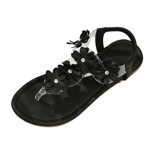 Generico Sandalias planas bohemias con estampado floral, correa elástica y suela suave, zapatos casuales para la playa., Negro , 37 EU