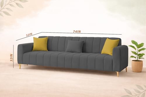 Image of Casaliving Velour Modern Velvet Sofa, Tufted Design Upholstered 3 Seater Sofa Set for Living Room, (Black Colour) Premium Velvet Fabric Sofa