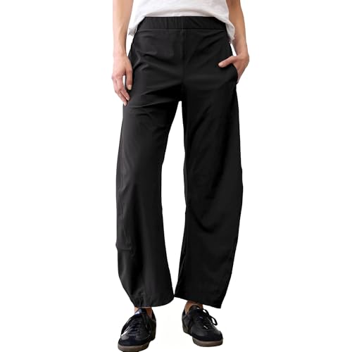 SeeLuNa Women Barrel Travel Pants Elastic Waistband Tapered Leg Baggy Mid Rise Work Trousers Lounge Pant with Pockets(Black M)