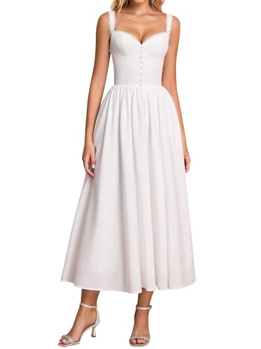 Summer Corset Midi Dress Formal Flowy A Line Lace Spaghetti Strap Wedding Guest Dresses for Women Sundress with Pockets