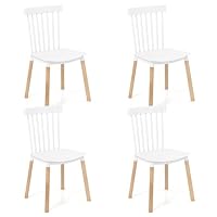 COSTWAY Windsor Dining Chairs Set of 4, Spindle Back, Curved Seats, Solid Beech Wood Legs, Non-slip Footpads, White