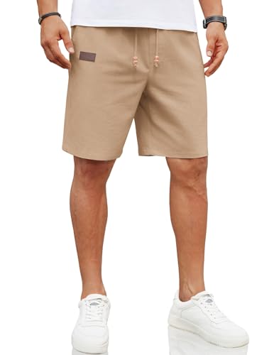 COOFANDY Mens Linen Shorts Summer Casual Beach Shorts for Men with Elasticated Waist and Pockets Deep Khaki XXL
