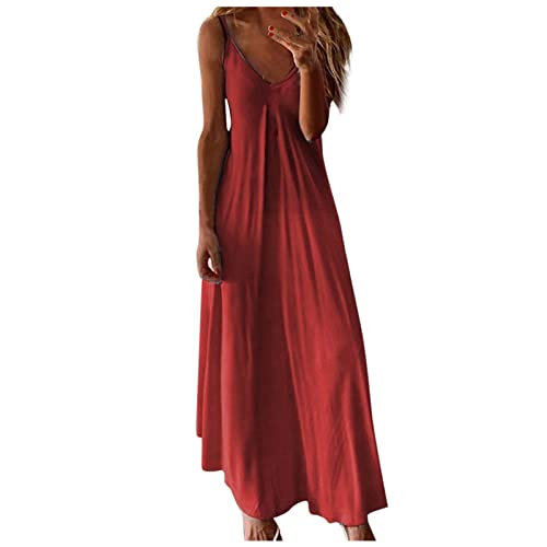 Generic O-77 Red Ladies Hawaiian Tropical Maxi Long Dresses Color Block Loose Fit Dresses for Women Sleeveless Slip Vneck Beach Brunch Summer Fall Dresses 2024 Clothing Fashion 5XL