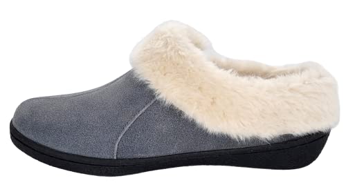 Clarks Womens Suede Leather Slipper with Gore and Bungee JMH2213 - Warm Plush Faux Fur Lining - Indoor Outdoor House Slippers For Women (6 M US, Pewter)2