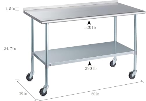 Image of Stainless Steel Table for Prep & Work with Caster & Backsplash 30x60 Inches, NSF Metal Commercial Kitchen Heavy Duty Table with Adjustable Under Shelf and Table Foot for Restaurant, Home and Hotel