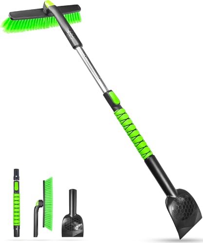 SEAAES 45 Inch Snow Brush with 5.2' Extra Wide Ice Scraper for Car, Extendable Snow Scraper with Foam Grip, 360° Pivoting Brush for SUV Truck Jeep Vehicle Windshield Window - Green