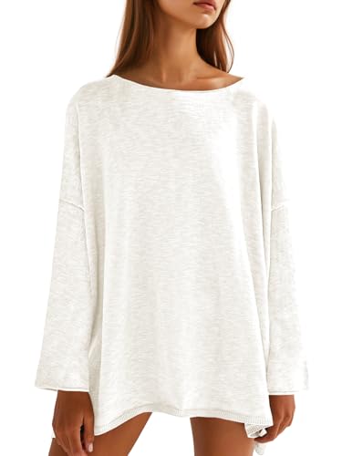 Tankaneo Womens Long Sleeve Shirts Oversized Lightweight Sweaters Crewneck Side Slit Hem Casual Blouse Tunic Tops