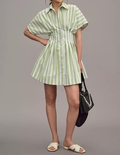 Image of Burtell Summer Button Down Pleated Shirt Dress for Women Striped Print V Neck Short Sleeve Mini Dresses Casual Corset Dresses