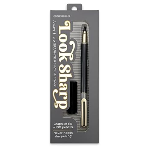 SNIFTY Look Sharp Always Sharp Pen•cil - Compressed graphite tip equals 100 pencils - Gray metal barrel + cap + eraser Cover