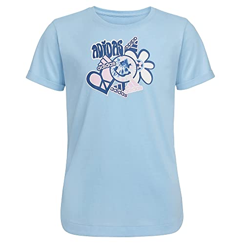 adidas girls Short Rolled Sleeve Tee T Shirt, Clear Sky, 6 Plus