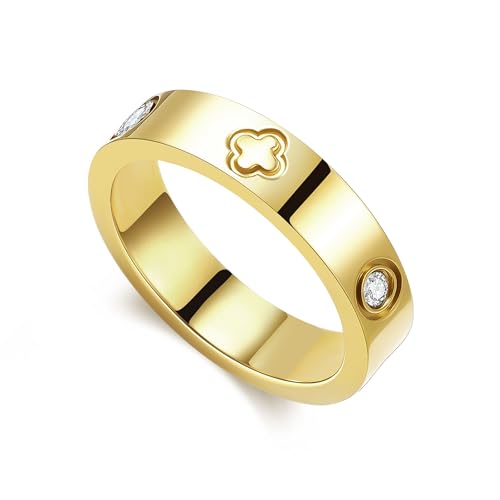 AICLESTR 18K Gold Plated Wedding Rings for Women, Cubic Zirconia Clover Promise Ring, Stainless Steel Band Size 5-12, Elegant Jewelry Gifts