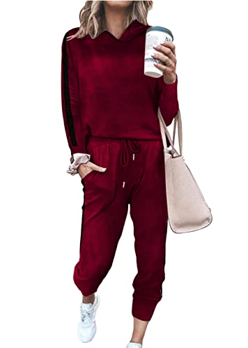HOTOUCH Two Piece Tracksuit Velour Jogging Suits Sets Sweatpants Suit Sets With Pockets, Wine Black Stripe M